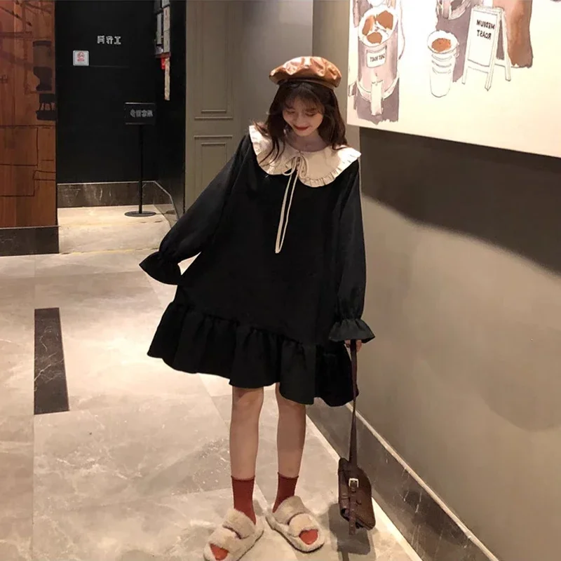 Loose Contrast Patchwork Mini Dress Spring Autumn Long Sleeve Solid Pleated Korean Vintage Dress Fashion Casual Women Clothing