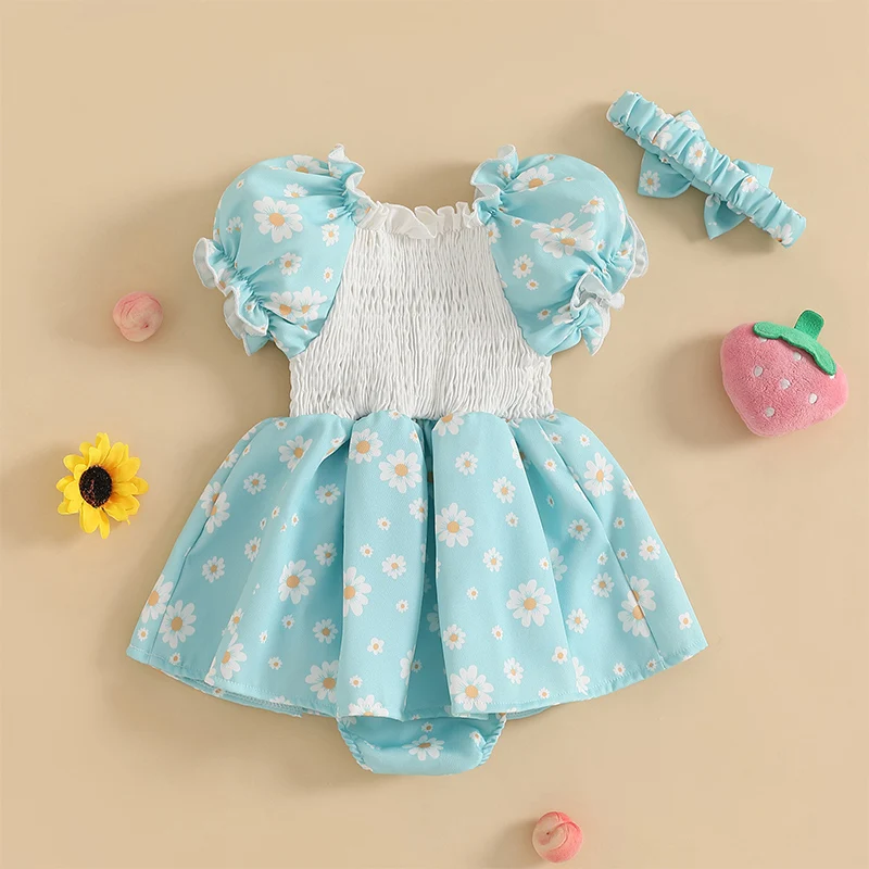 Baby Girl Romper Dress Cherry Flower Print Letter Embroidery Puff Sleeve Jumpsuit With Cute Headband Set Summer Clothes 0-18 M