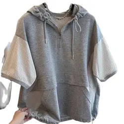 Spring Summer Short-Sleeved Hooded T-Shirt Women 2024 New Fashion Tops Casua Leisure Join Together Zipper Sense Of Design Female