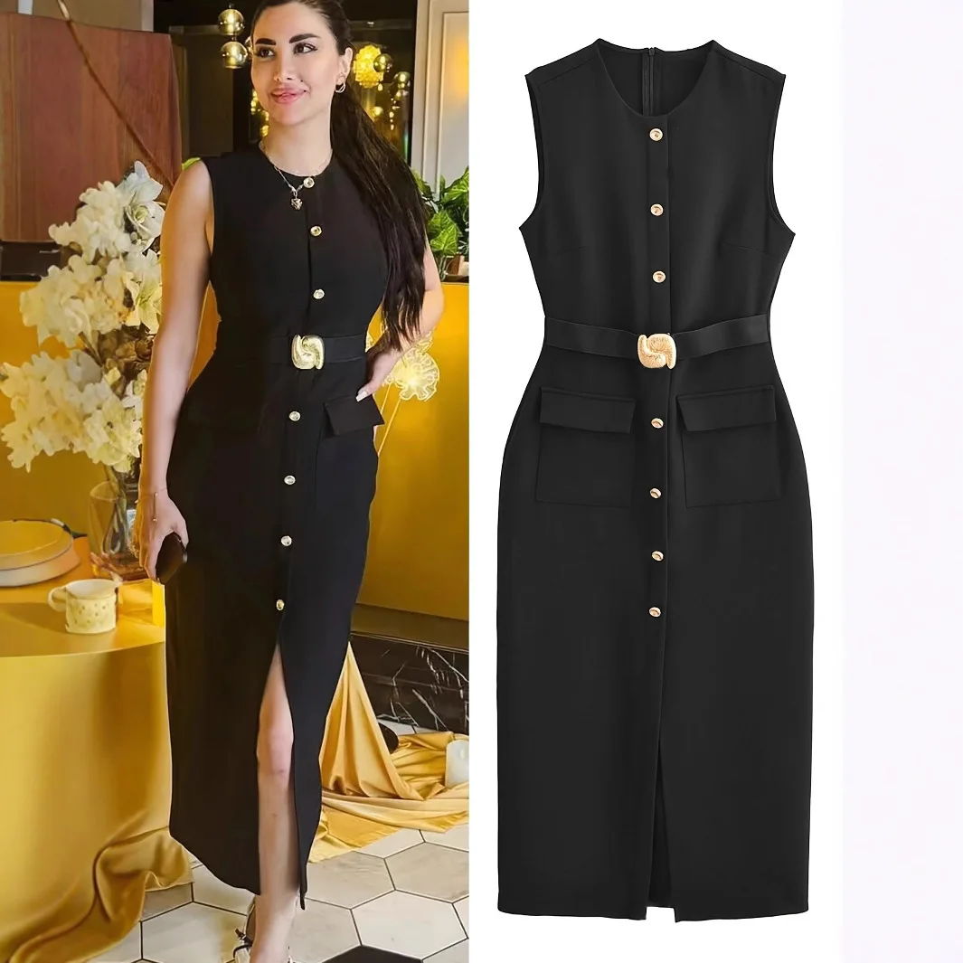 Ärmelloses, einfarbiges, tailliertes Damenkleid mit Rundhalsausschnitt, maßgeschneiderter, langer Button-Down-Rock für Pendler, formelle Abendessen
