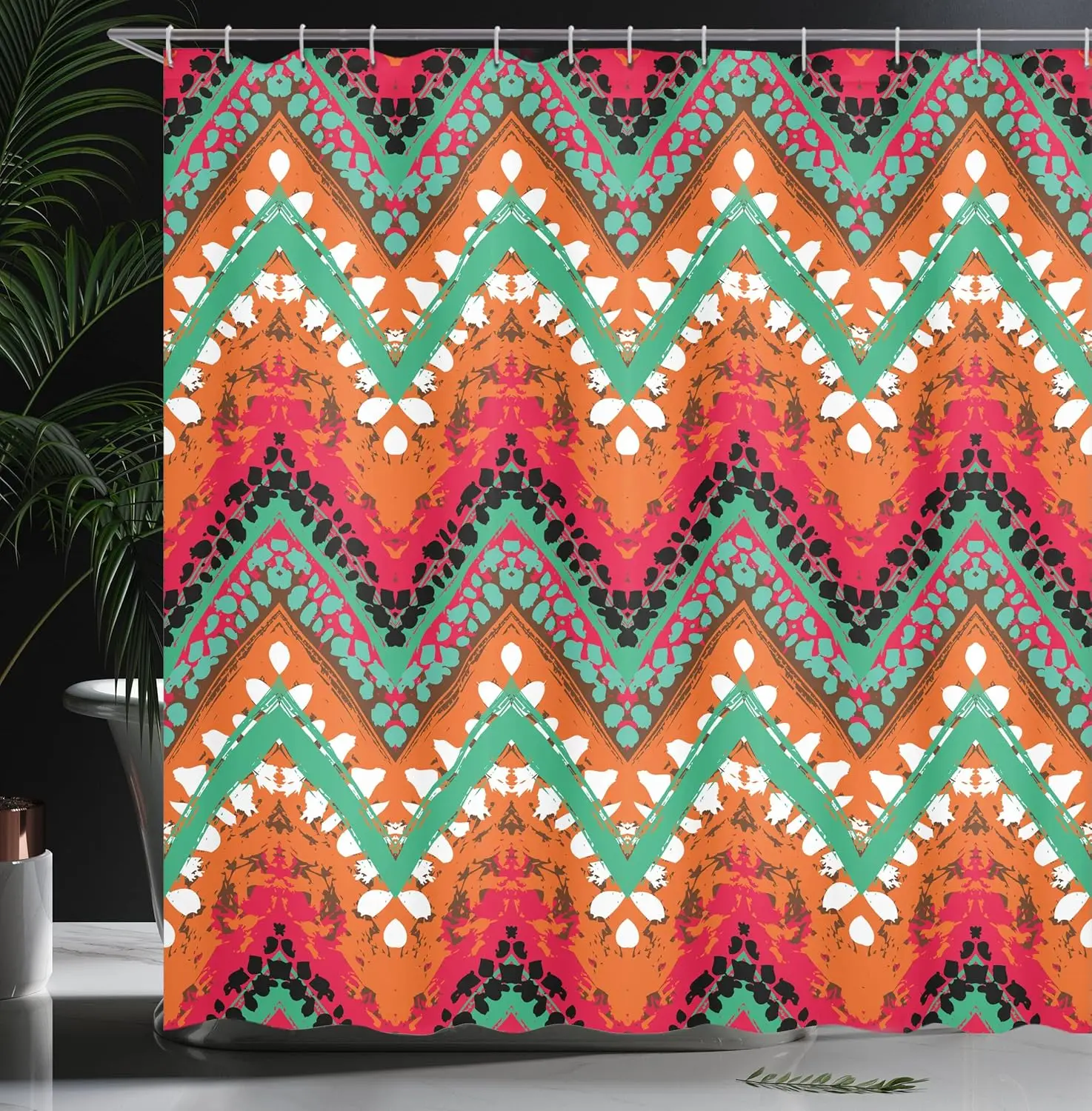 Tribal Shower Curtain,Hand Paint Zigzag Pattern Effects Brushstrokes,Cloth Fabric Bathroom Decor with Hooks,Sea Green Marigold