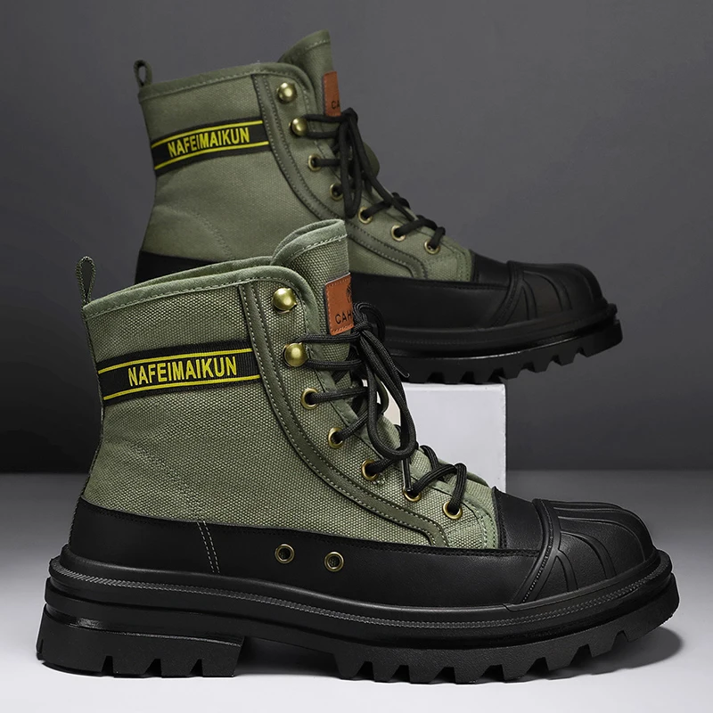 Botas altas de cuero para hombre, zapatos de moto, botas de nieve, botas militares con cabeza de concha, Invierno