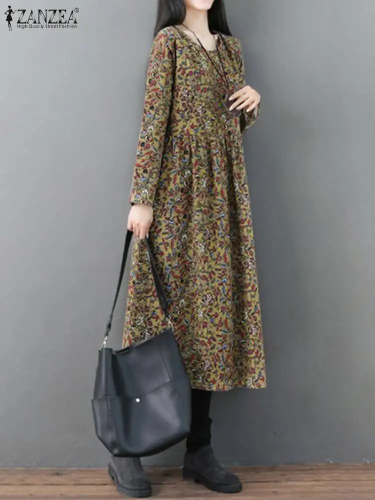 Vintage Sundress ZANZEA Women Autumn Long Sleeve Floral Printed Mid-calf Dress Retro Casual Loose Vestidos Kaftan Robe Femme