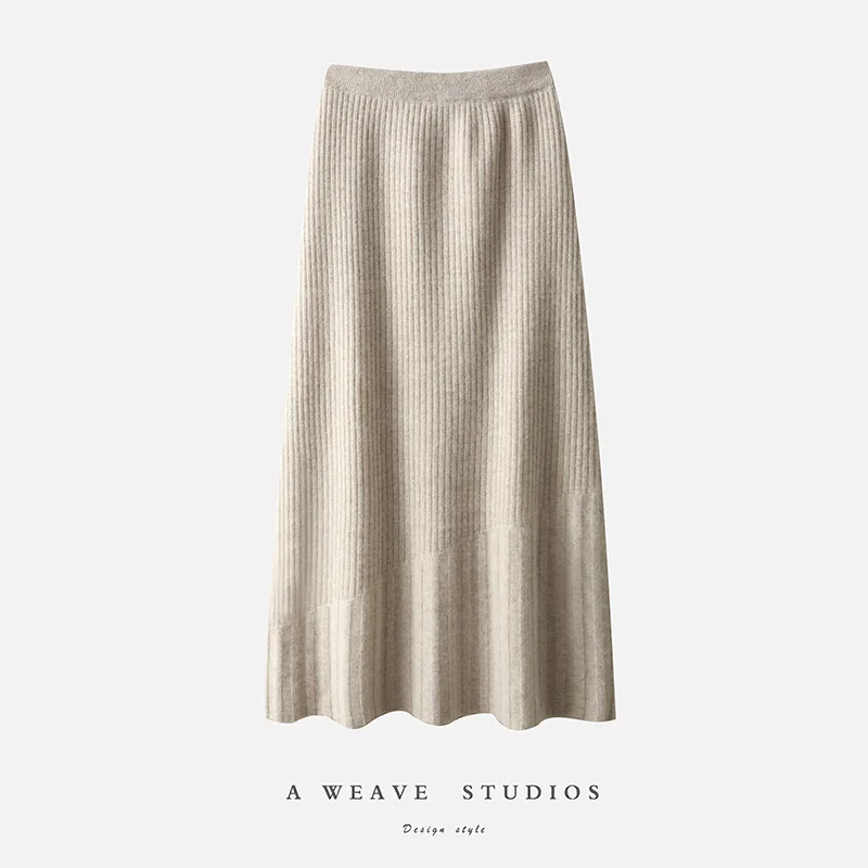 Women Wool Skirt Autumn Winter Elastic Waist Diagonal Hem 100% Merino Wool Knitted Striped Skirt Solid High-end Thick Dress Chic