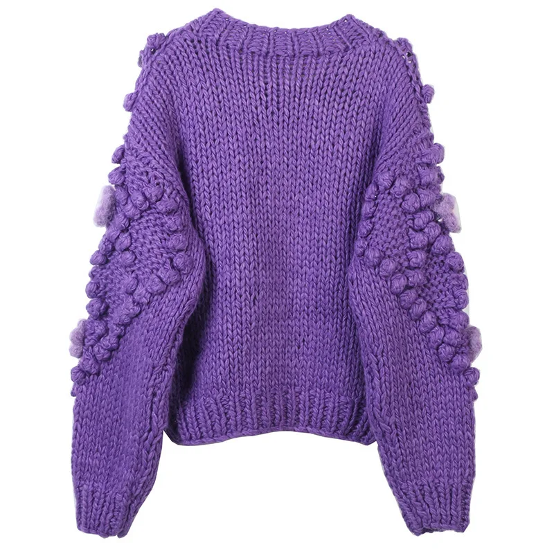 Jastie Sweater Women 2023 Autumn And Winter New Retro Handmade Sweaters O Neck Fashion Long-sleeve Purple Knitted Cardigan Coat