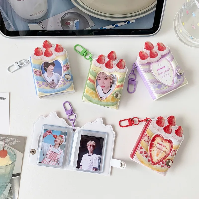 Cute Strawberry 2 Inch Kawaii Keychain Pouch for ID Card Student Kpop Photocard Storage Book Collectible Card Holder for Girls