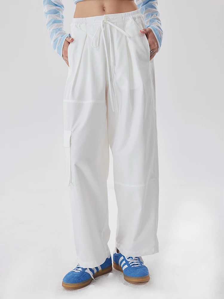 

Брюки OoofYang с высокой талией, прямые, летние, на резинке, с бисером, утягивающие, широкие, из тонкого хлопкового полотна