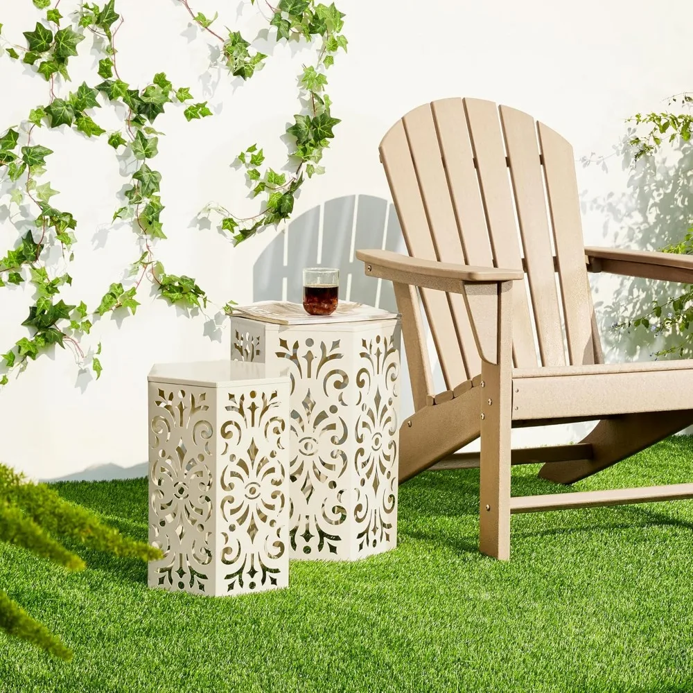 

Outdoor Side Tables Set of 2 Decorative Garden Stools,Heavy Duty Metal Cutout Floral Pattern Hexagonal Modern End Tabl