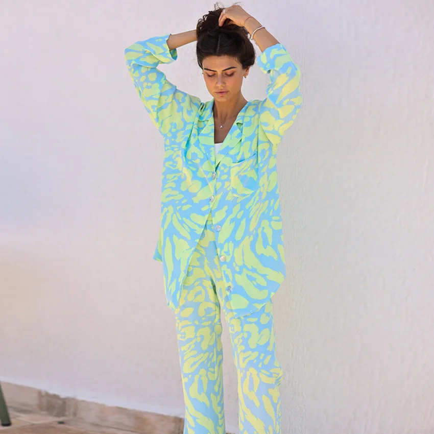 Autumn Printed Pajamas Loose Trousers Fashion Casual Home Clothes Long Sleeve Satin Sexy Sleepwear Thin Pijama Mujer 2 Piece