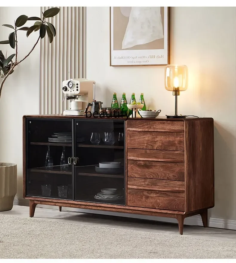 182Italian Glass Door Solid Wood Sideboard North America Black Walnut Wooden Locker Restaurant Tea CabinetA