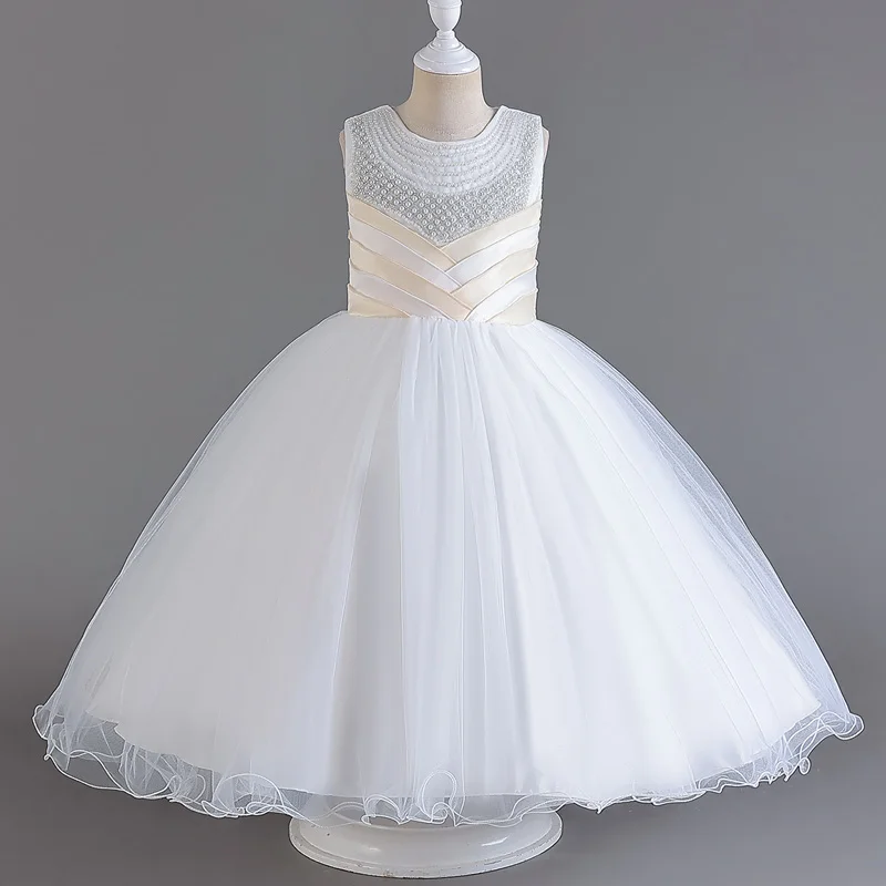 Children's evening dress beaded long sleeveless pompadour skirt satin elegant court style #M7602