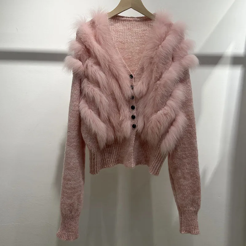 Women Short Fox Fur Cardigan Coat Autumn Fashion Knitted Sweater With Real Fox Fur Stripe Genuine Fur Outwear