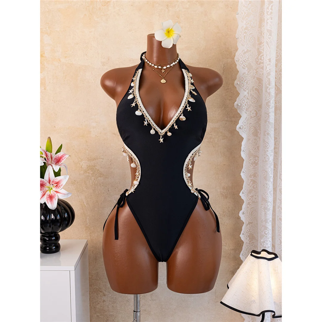 S - XL, Badeanzug mit V-Ausschnitt und Rüschen, Damen-Badebekleidung, Cut-Out-Monokini, gepolsterter Badeanzug, einteiliger Badeanzug, Damen, K8573. – Detail 5
