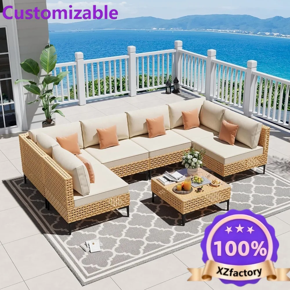 Factory Direct 2026 Patio Furniture Set 110, Large 7 Piece Wicker, Outdoor Boho Conversation, Sectional With Coffee Table