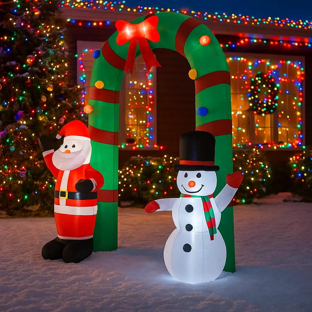 7.8フィート クリスマスデコレーション インフレータブルおもちゃ サンタクロース 雪だるま アーチウェイ ホームヤードオーナメント LED装飾付き クリスマスパーティーおもちゃ