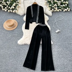 Chic Rhinestone Women Two-Piece Sets Long Sleeve Cardigan Coat Top High Waist Velvet Wide Leg Pants French High Street Clothing