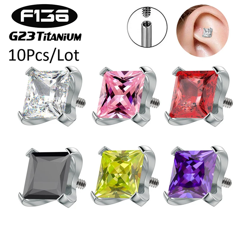 

10Pcs G23 Ttianium Piercing Jewelry Accessories Labret Ear Lip Stud 5A Square Zircon Cartilage Tragus Earring Tongue Nose Studs