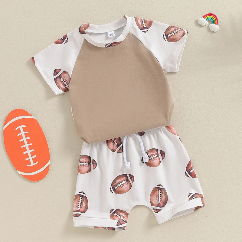 2024-04-12 Lioraitiin Zomer Baby Jongens Outfits Rugby Print T-Shirt Met Korte Mouwen En Elastische Shorts Set Vakantie Kleding Set
