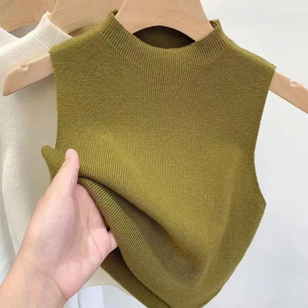 Women Knitted Vest Tops Half-High Collar Sleeveless Top Solid Stretchy Knit Blouse Commuting Sleeveless Knit Blouse TankTop