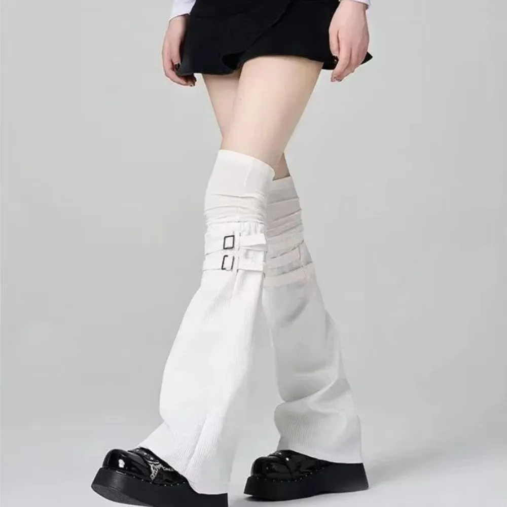 Sweet Y2K Knee Over Socks Keep Warm Leather Buckle Leg Warmers Black White Harajuku Socks Women Girls