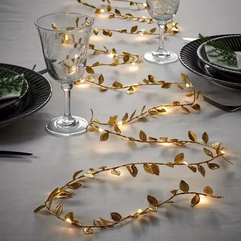 2M 20LED Golden Leaves String Lights for Home Wedding Birthday Party Decoration Battery-operated Artificial Plant Garland Vine