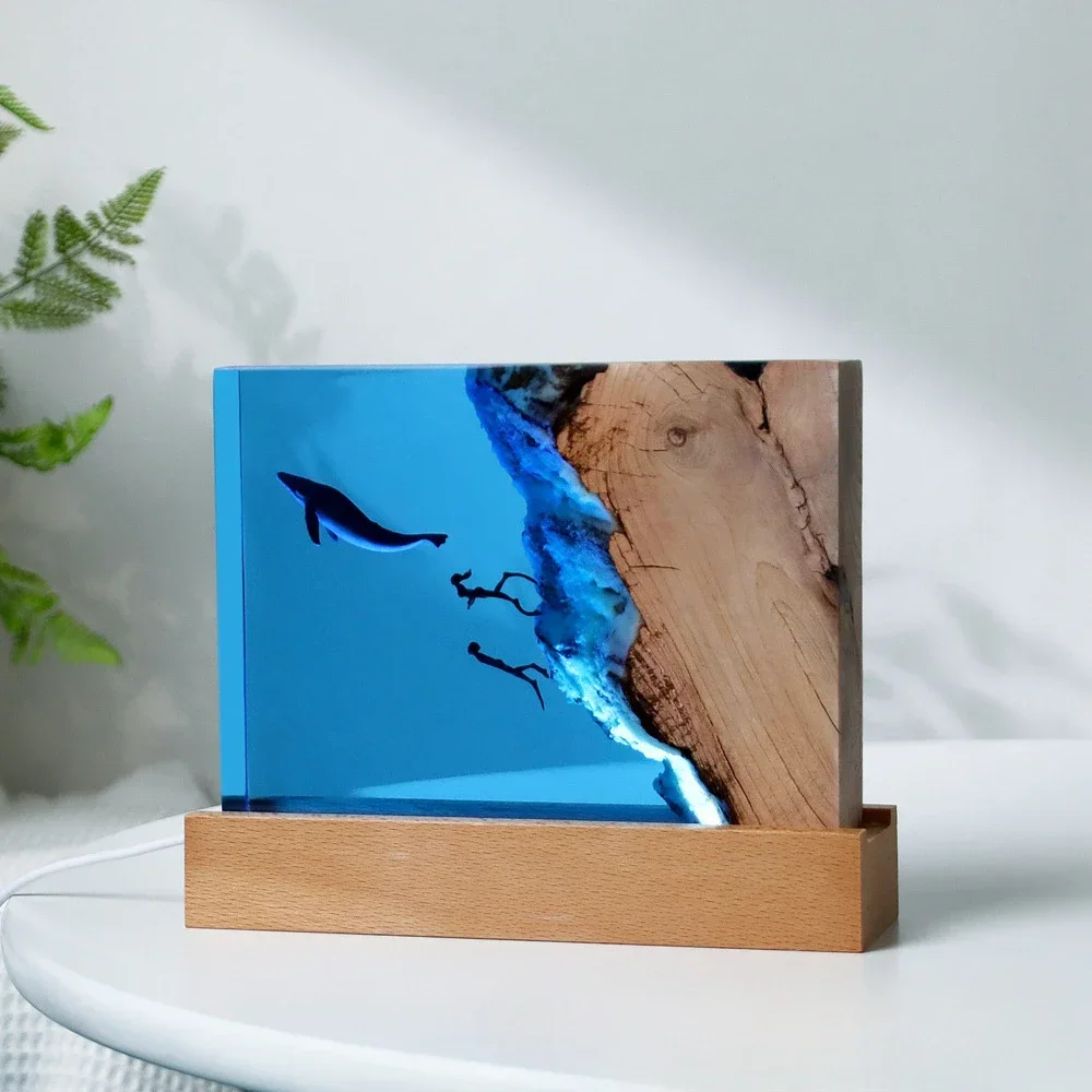 Ocean Micro Landscape Epoxy Resin Night Light Solid Wood Desktop Ornament Crafts