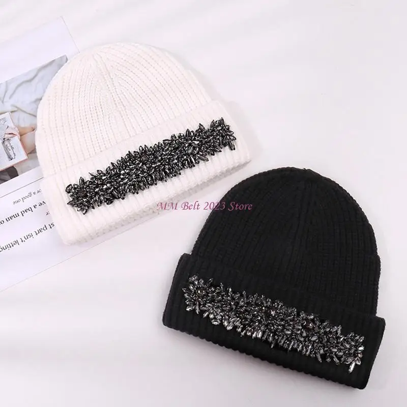 49ME لون خالص لامع لحجر الراين قبعة صغيرة قبعة متماسكة قبعة صوف للشتاء يوميًا W #3