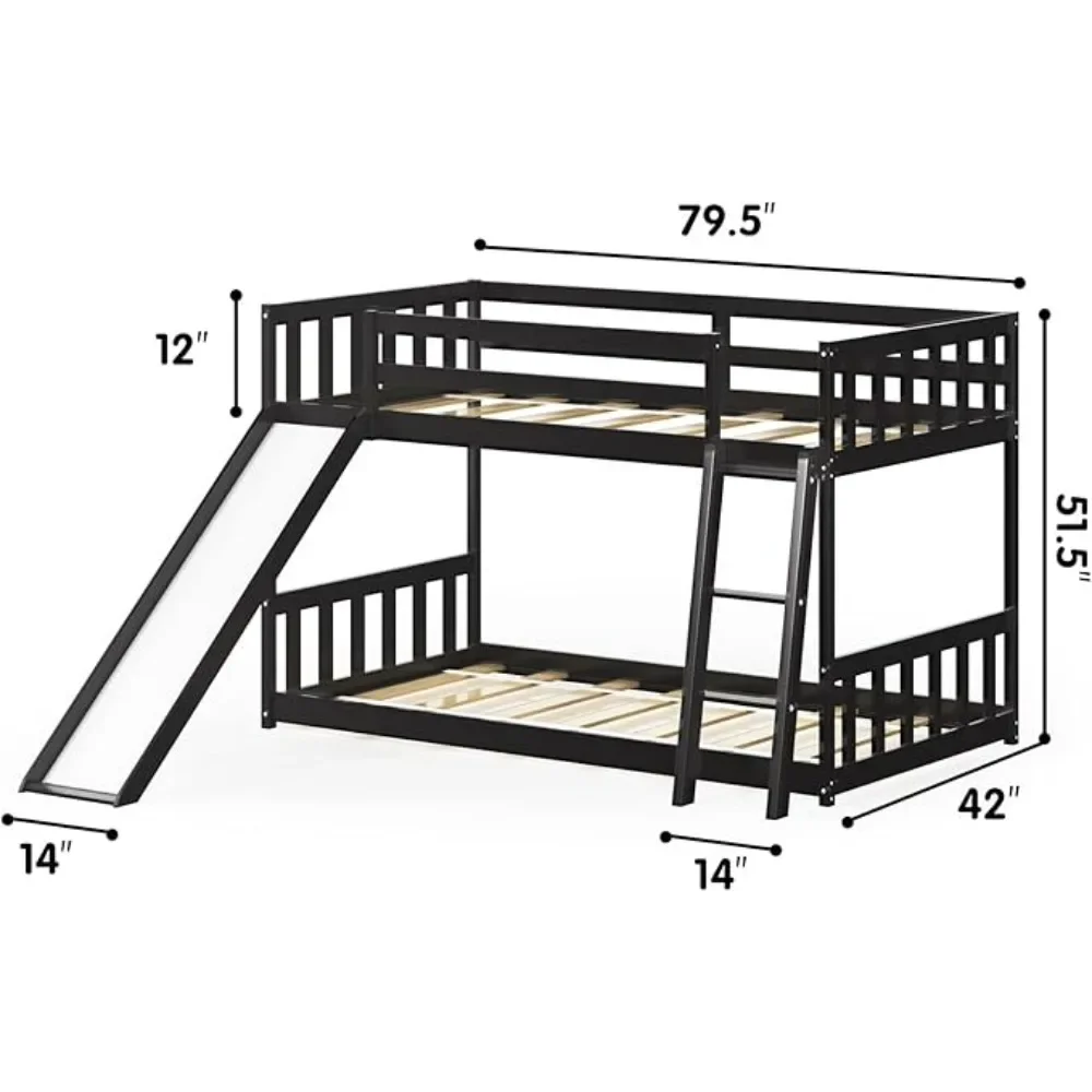 Bunk Beds Twin Bunk Bed with Slide, Solid Wood Floor Bunk Bed Frame with Guardrails & Ladder, No Box Spring Needed, Kids Bed