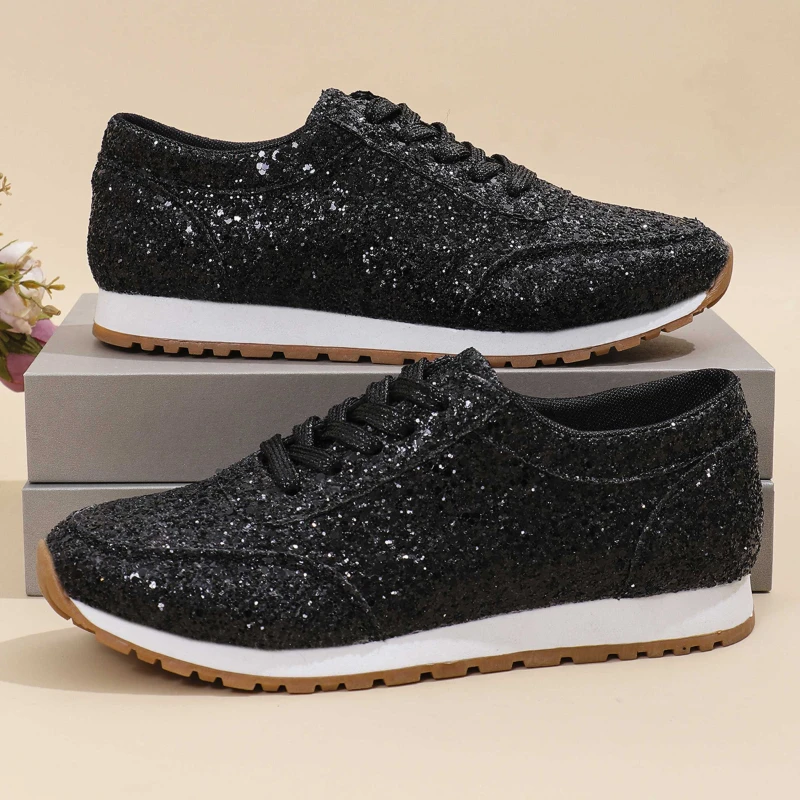 Zapatos vulcanizados de punta redonda para mujer, calzado con lentejuelas brillantes, suela gruesa, antideslizante, cómodo, para exteriores, Primavera