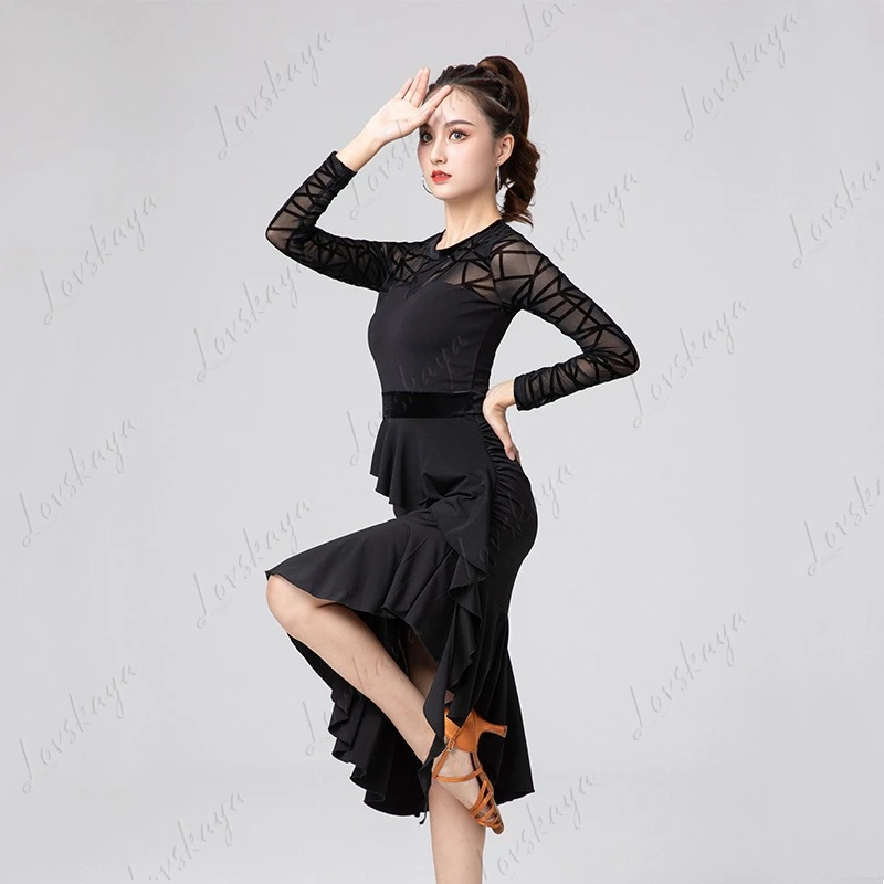 Stroje do tańca latynoamerykańskiego, nowe damskie stroje do tańca jesienno-zimowego, z długim rękawem, na zawody