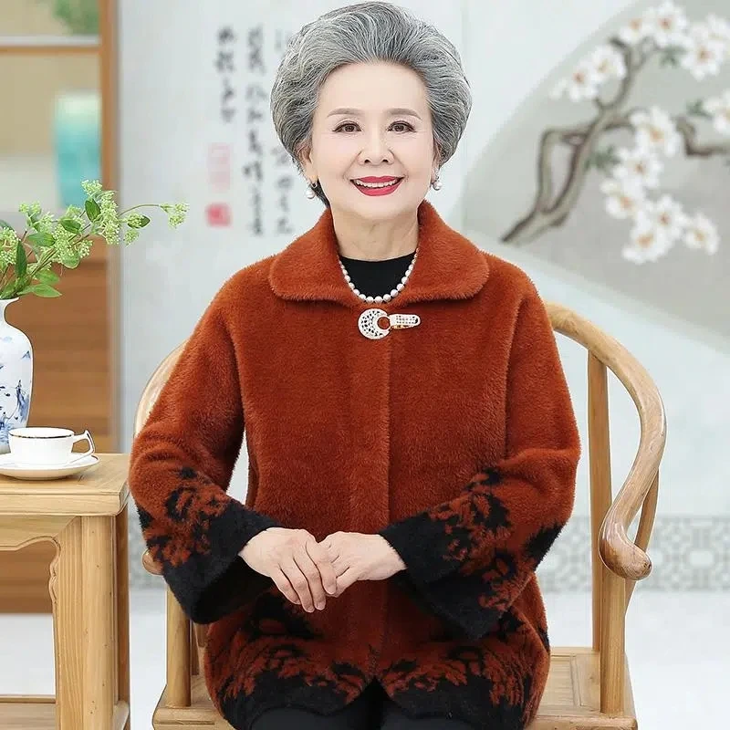 Middle Aged Elderly Mother Imitation Mink Velvet Coat Spring Autumn Grandma Short Soft Cardigan Sweater Women Knitted Jacket Top