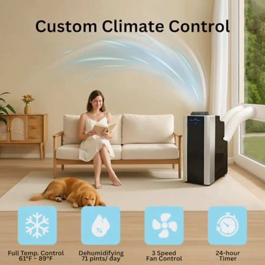 Portable air conditioner for home use, aluminum housing, white color, 14000 BTU dual hose cooling with built-in dehumidifier an
