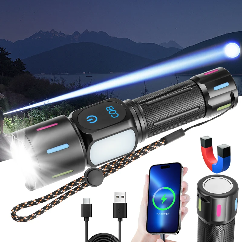 

USB Rechargeable Flashlight COB Side Light Battery Indicator Telescopic Zoom Super Bright for Camping Hiking Emergency Lighting