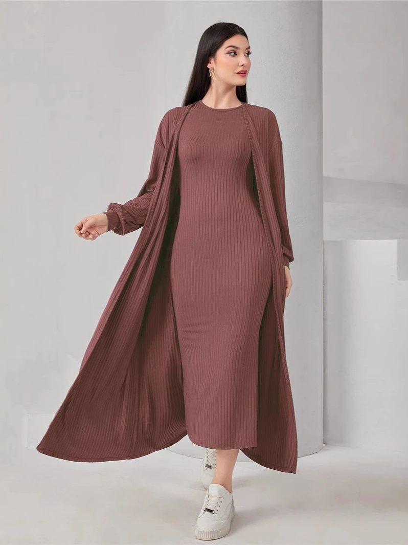 ฤดูใบไม้ร่วงมุสลิมชุดสตรีเสื้อสเวตเตอร์ถักชุด 2 ชิ้นชุดแขนยาว Abaya Caftan ชุด Saudi อาหรับดูไบ Musulman Ensembles 2025