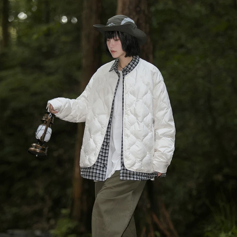 

Trendy Short White Duck down Jacket Collar Quilted Patchwork Grid Youth Style Large Size Polyester Fiber Pure Color Men's Coat