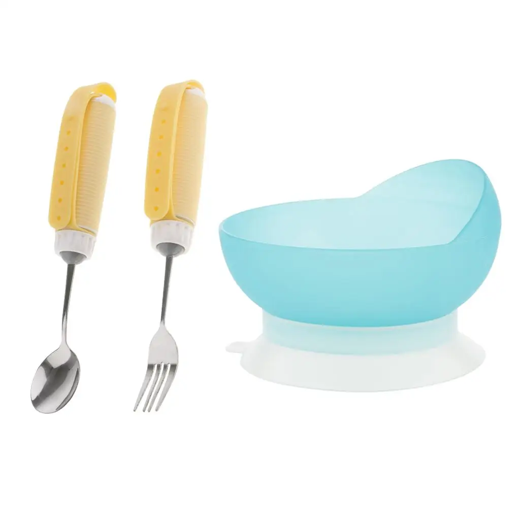 3pcs Silicone Gel Stainless Steel Anti Arthritis Parkinson’s Elderly Utensil Eating Aids Bowl Kit