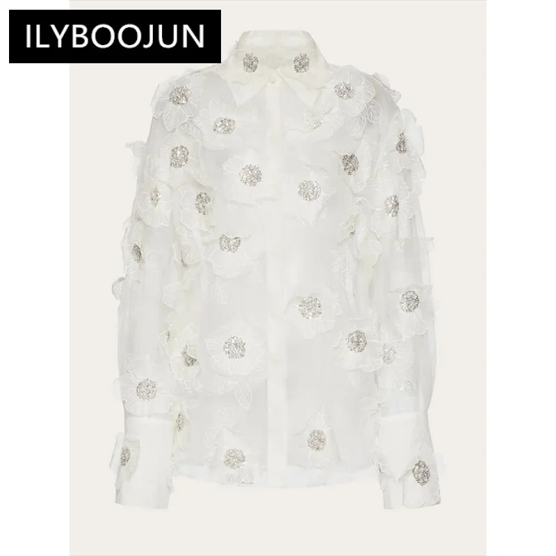 Patchwork Appliques Solid Casual Blouses For Women Lapel Long Sleeve Spliced Sheer Mesh Temperament Loose Shirts Female New