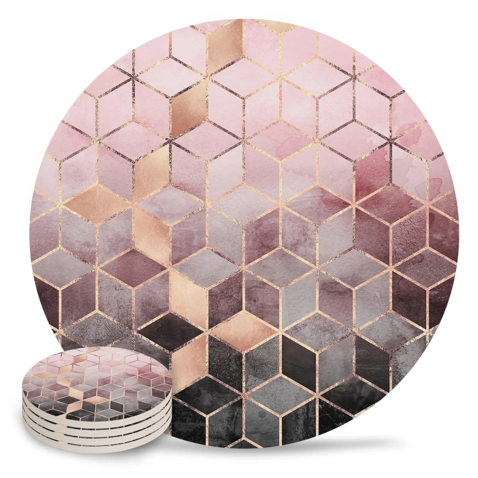 Pink and Grey Gradient Cubes Placemats for Table Coffee Kitchen Accessories Table Decor Ceramic  with Cork Backing Cup Mat Pad