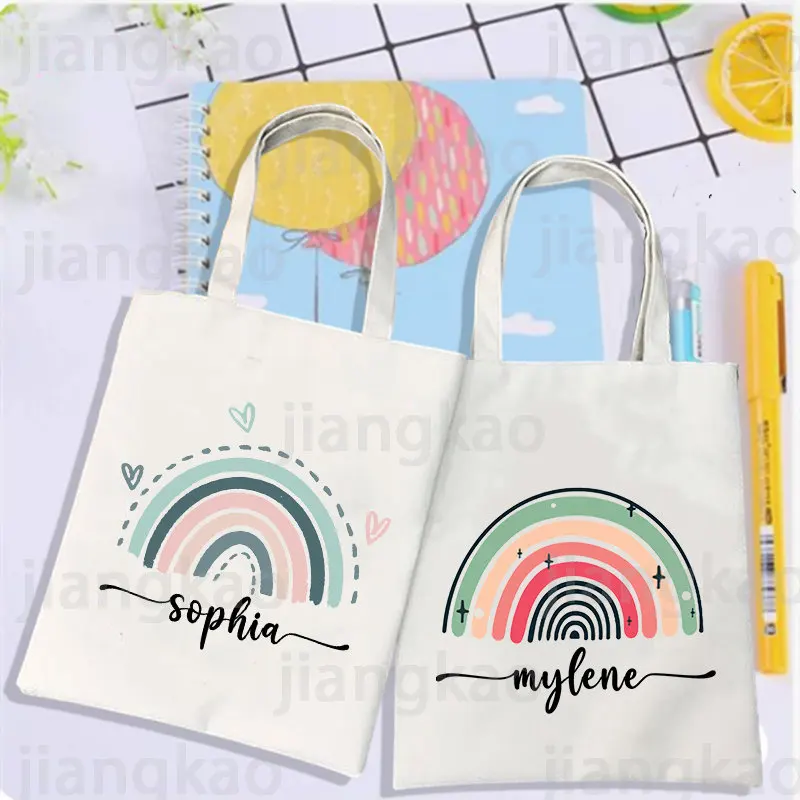 Personalised Rainbow with Name Shoulder Bag Custom Canvas Bags Women Travel Handbag Reusable Harajuku Aesthetic Book Bags Gifts