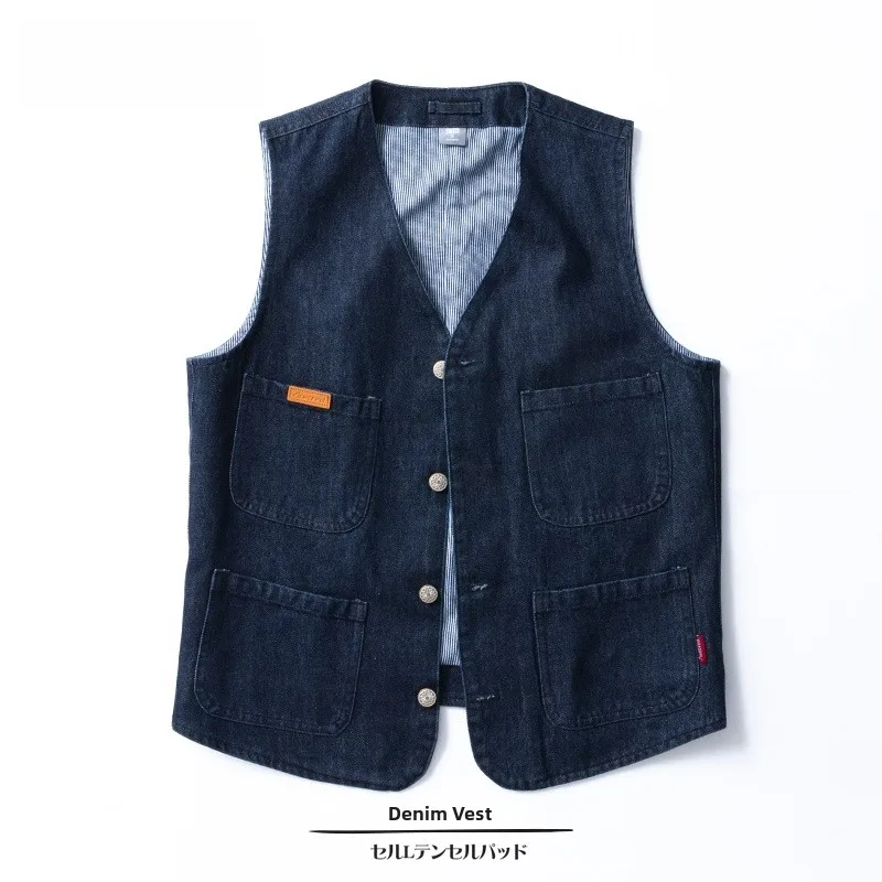

Свободный мужской джинсовый жилет в стиле ретро в японском стиле, весенне-осенний модный брендовый модный жилет с несколькими карманами Svel V-Ne