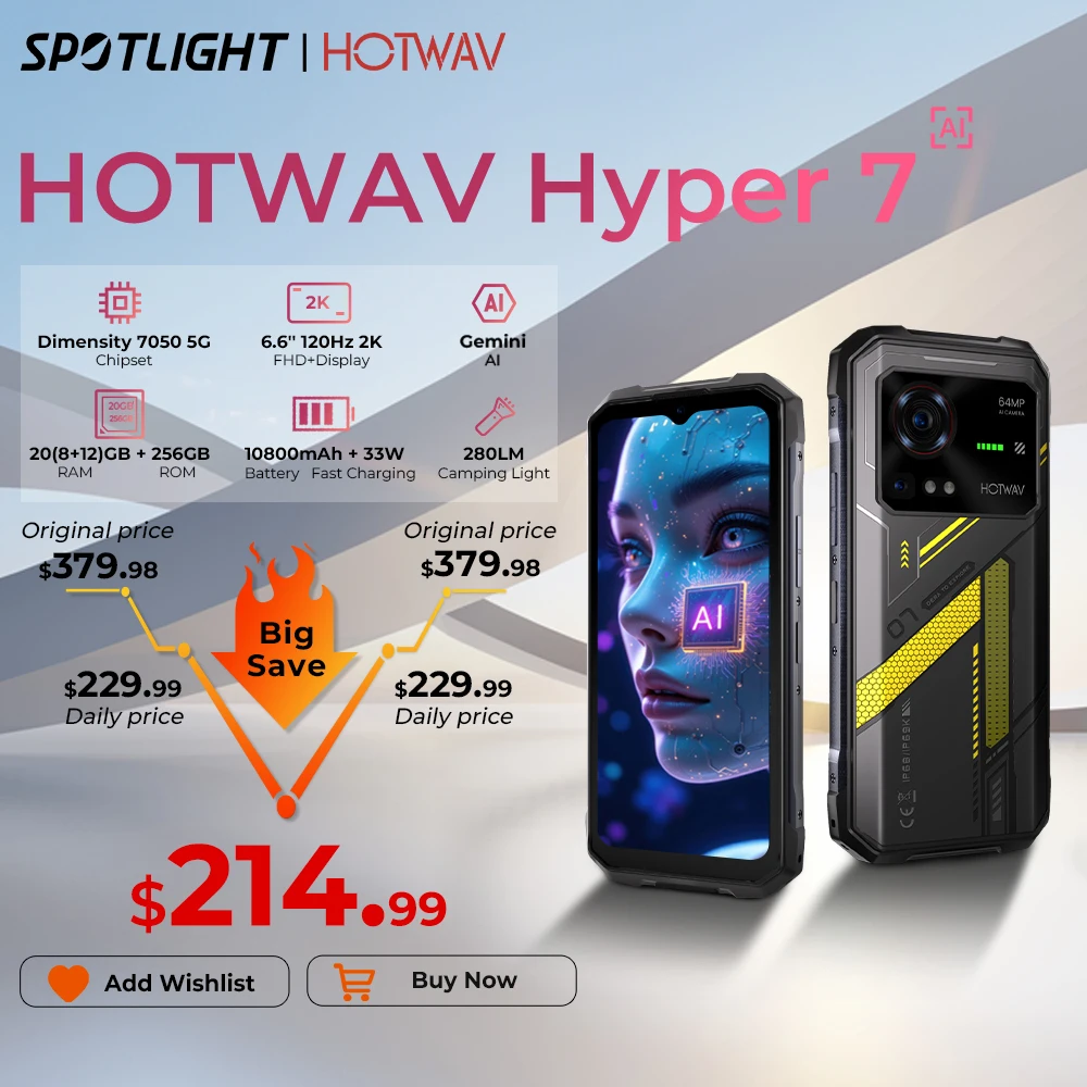 HOTWAV Hyper 7 Wytrzymały telefon 5G 10800mAh 33W Smartfon 6.6'' FHD+ 2K Wyświetlacz 8GB 256GB Telefon komórkowy 280LM Android 14 Telefon komórkowy