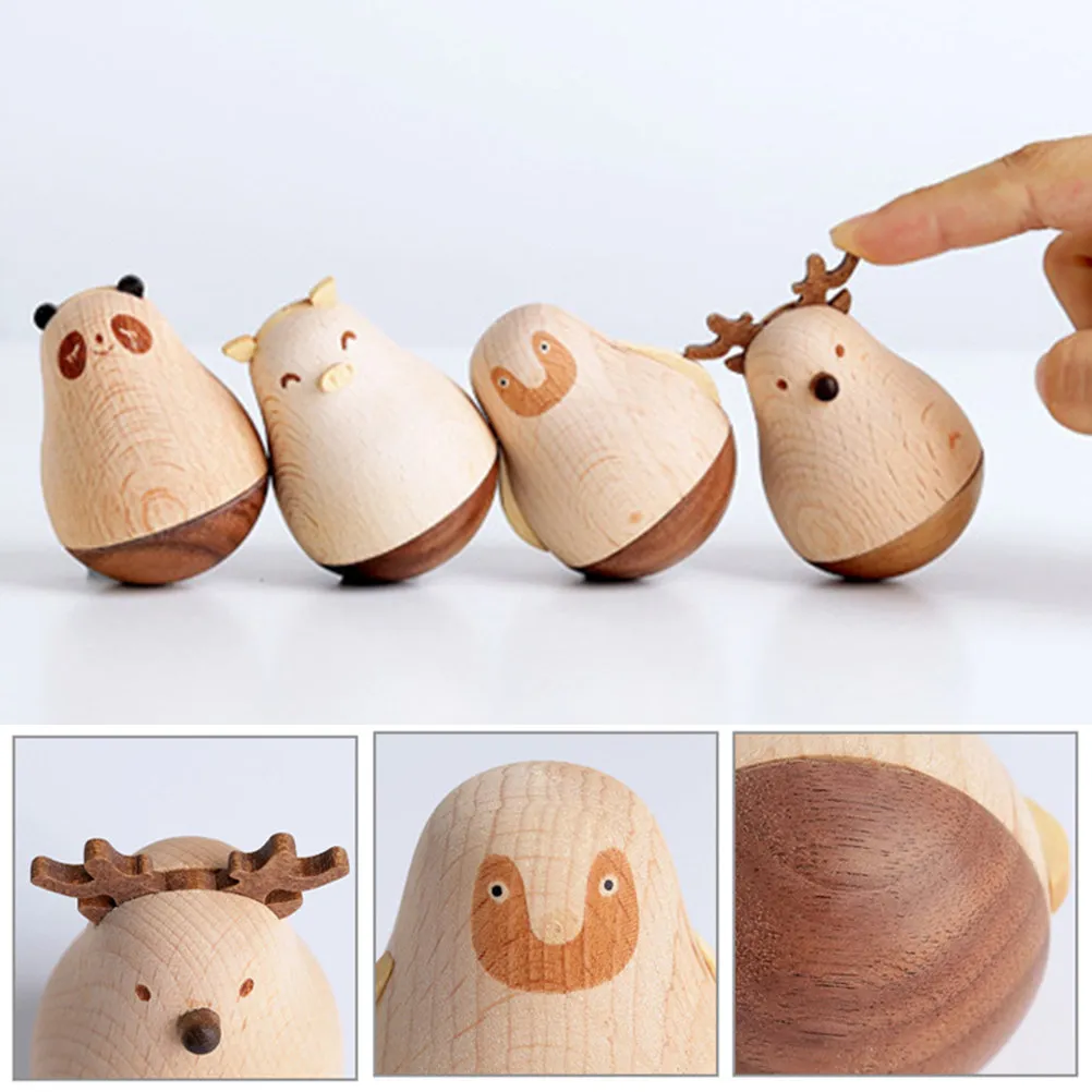 Wooden Animal Tumbler Ornament Cartoon Design Handmade Resin Material Stable Base Desktop Car Office Decoration Kids Happiness