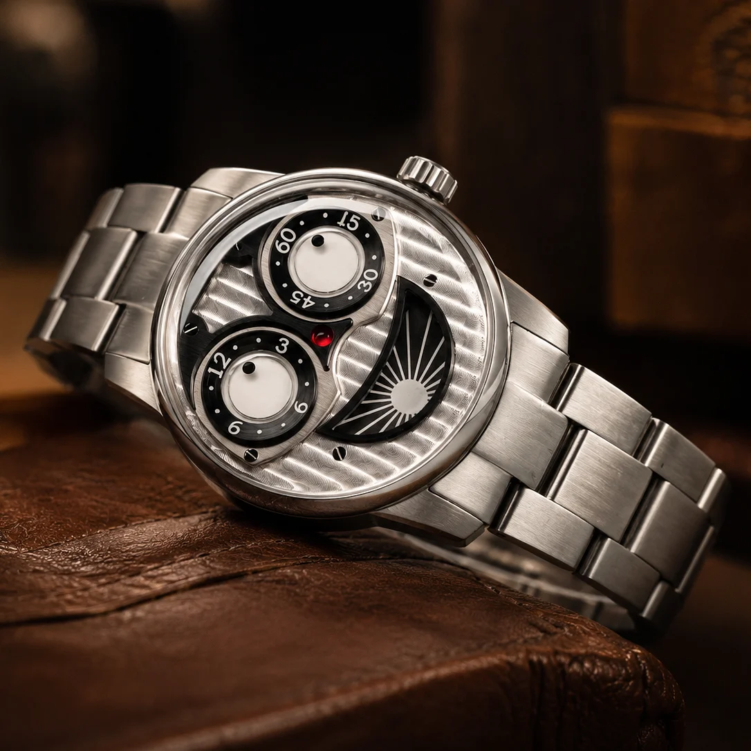 OBLVLO Men's Fashion Watch Joker Face Stainless Steel Automatic Dual Time Display Unique Star Designer Timepiece JM-JK