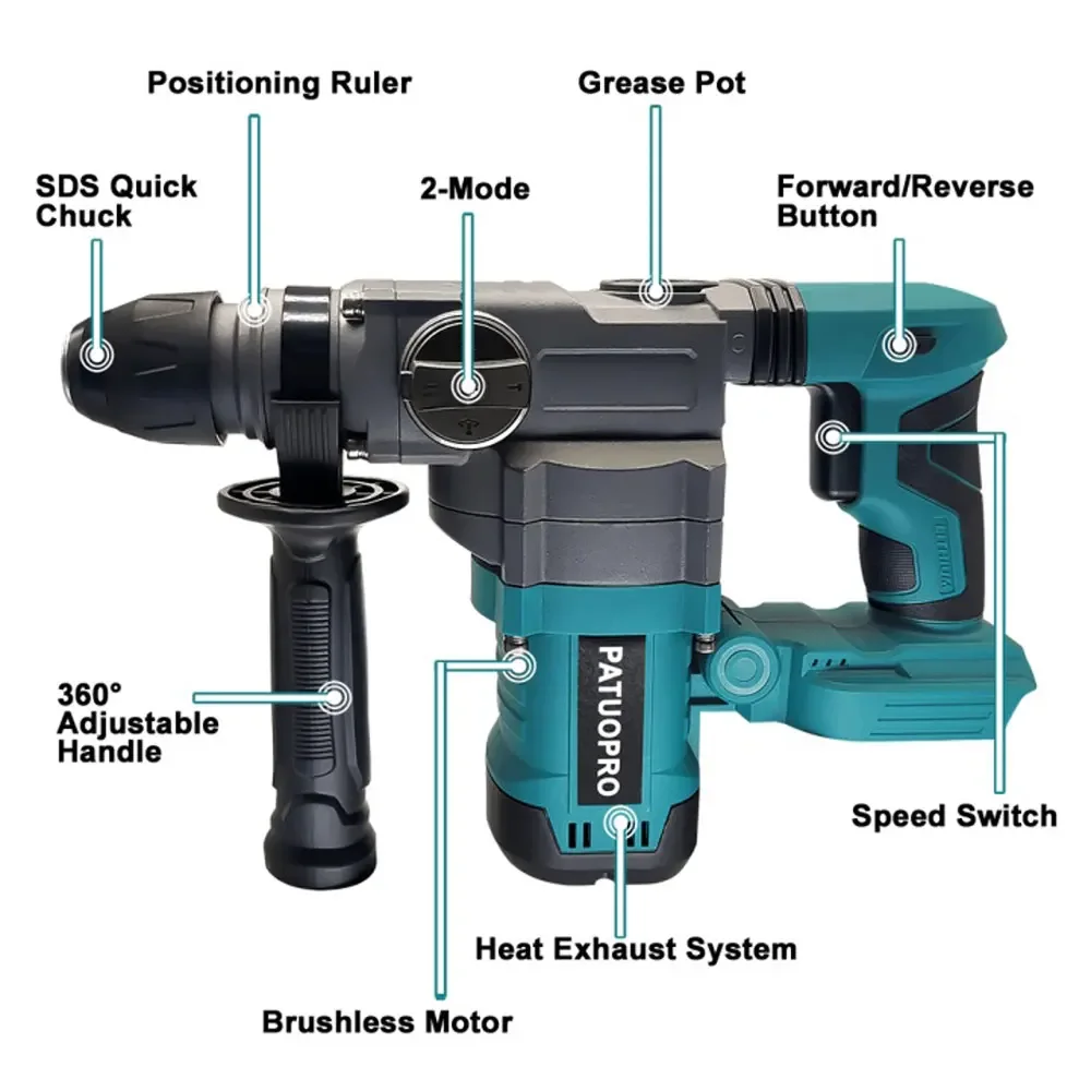 Imagem -02 - Patuopro Martelo Rotativo Elétrico sem Escova Modos Portátil Martelo de Impacto Ferramentas Elétricas para Reparo Doméstico Bateria Makita de 18v