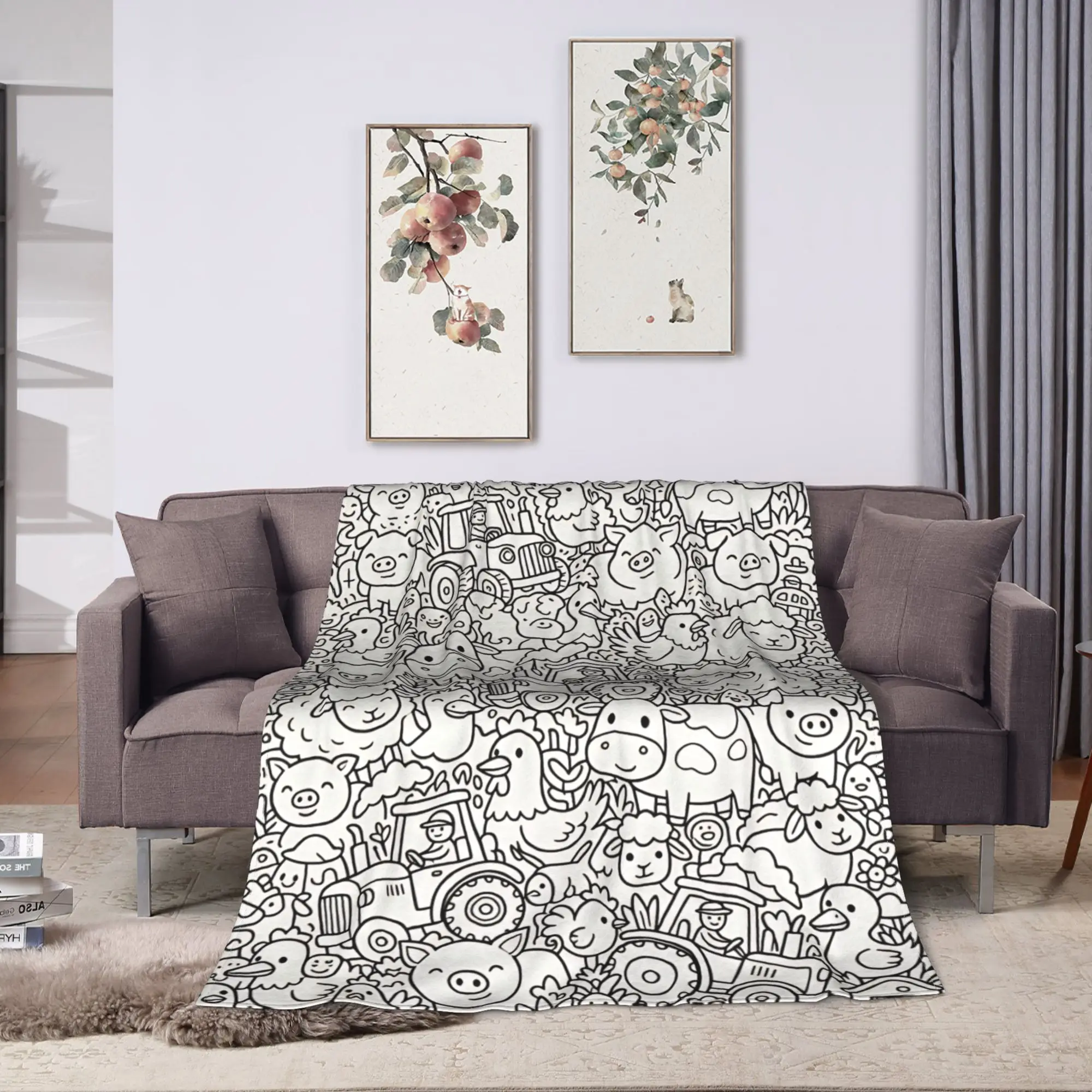 Farm Animals Doodle Pack Line Art Coloring Page Graphic Blankets Soft Cozy  Throw Blanket Winter Girl Sofa Travel Car Bedspread