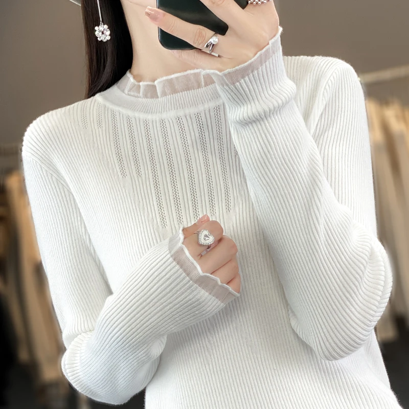 Autumn and Winter Fashion Trend Round Neck Lace Splice Loose Versatile Long Sleeve Outwear Foreign Style Knitted Women's Sweater