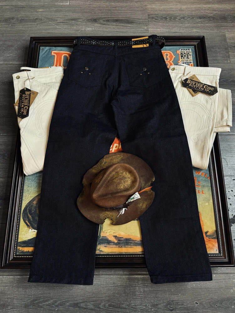 خياط براندو جينز أمريكي عتيق على الطراز الغربي مع مسامير حدوة حصان 14.8 أونصة 100% قطن ملابس عمل للرجال