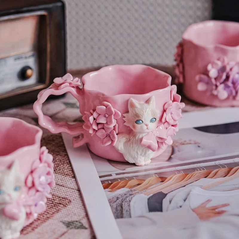 Ceramic coffee cup three-dimensional hand pinch cat flower cup high value mug creative high-end gift
