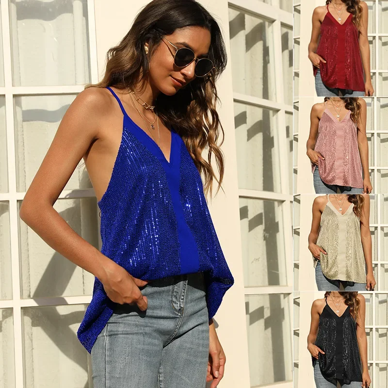 

Women V Neck Loose Sleeveless Vest Tanks Lady Sexy Sequin Cocktail Vest Tees Sexy Blouse Y2k Tops Crop