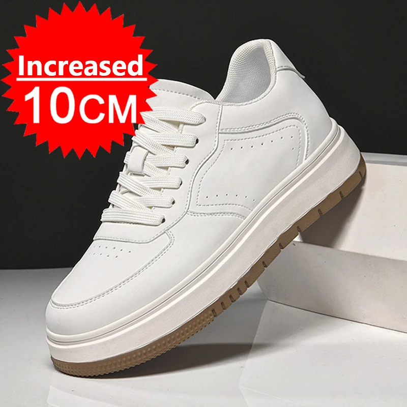 أحذية رجالية غير مرئية لزيادة الارتفاع أحذية مصعد برباط علوي أحذية رياضية بيضاء 8/10 سنتيمتر مقاس أطول بالإضافة إلى أحذية رفع غير مرئية